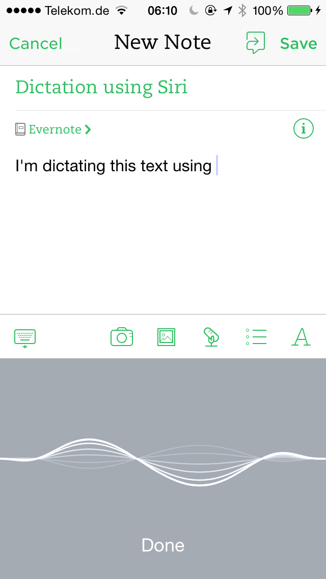 Dictation on the iPhone 5S using Evernote and Apple's Siri